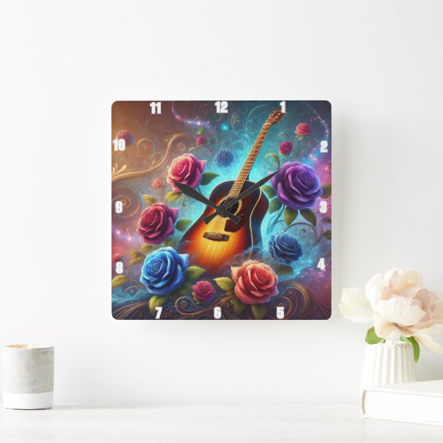 Vibrant Guitar Surrounded by Colourful Roses Square Wall Clock (Home)