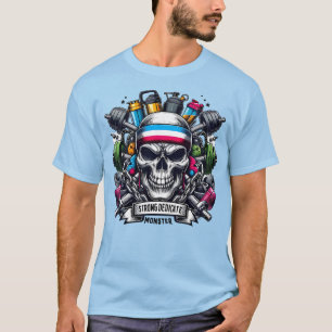 Vibrant Gym Monster Motivational Skull Fitness Art T-Shirt