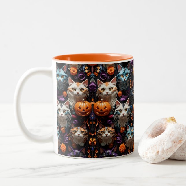 Vibrant Halloween Cat Patterns Colourful Spooky Two-Tone Coffee Mug (With Donut)