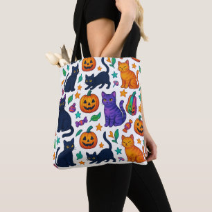 Vibrant Halloween Cat & Pumpkin Pattern Tote Bag