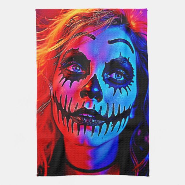 Vibrant Halloween Makeup Art Tea Towel (Vertical)