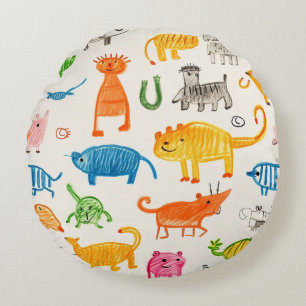 Vibrant Hand Drawn Animal Pattern Design Patterns Round Cushion