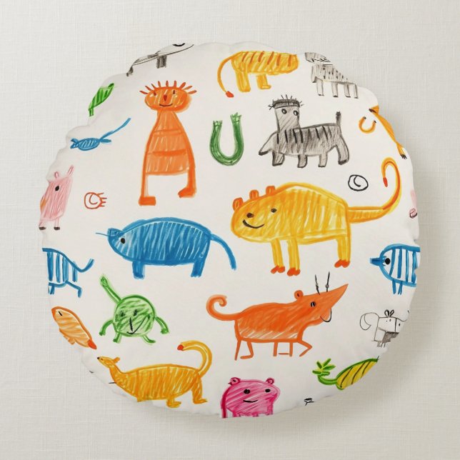 Vibrant Hand Drawn Animal Pattern Design Patterns Round Cushion (Front)