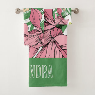 Vibrant hand drawn floral monogram Green pink Bath Towel Set