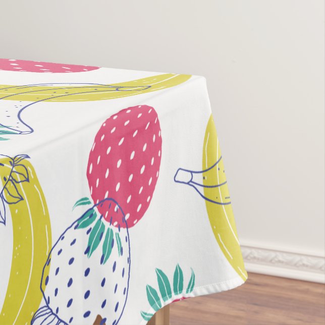 Vibrant hand drawn Strawberries & Bananas Tablecloth (In Situ)