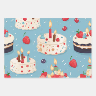 Vibrant Happy Birthday Cakes Pattern Wrapping Paper Sheet