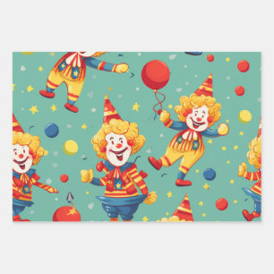 Vibrant Happy Birthday Clowns Pattern Wrapping Paper Sheet