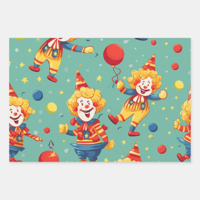 Vibrant Happy Birthday Clowns Pattern Wrapping Paper Sheet (Front)