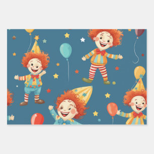 Vibrant Happy Birthday Clowns Pattern Wrapping Paper Sheet