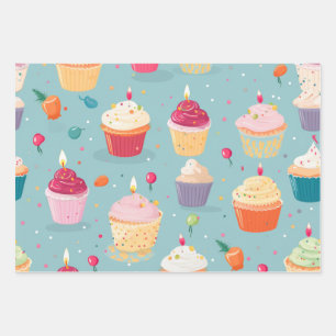 Vibrant Happy Birthday Cupcakes Pattern Wrapping Paper Sheet