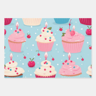 Vibrant Happy Birthday Cupcakes Pattern Wrapping Paper Sheet