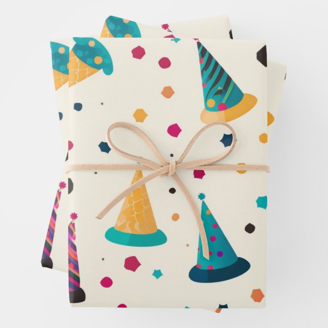 Vibrant Happy Birthday Party Hats Pattern Wrapping Paper Sheet (In situ)