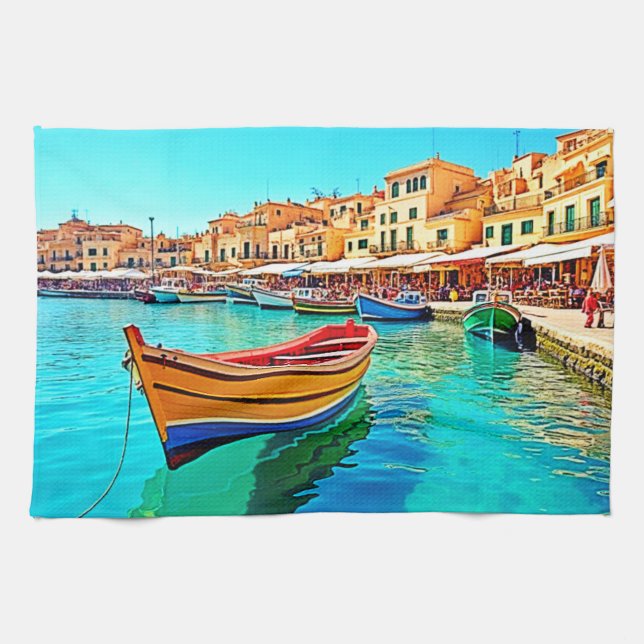 Vibrant Harbour: Mediterranean Bliss Tea Towel (Horizontal)