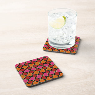 Vibrant Harlequin Diamond Pattern in Red, Orange, Coaster