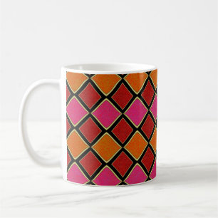 Vibrant Harlequin Diamond Pattern in Red, Orange, Coffee Mug