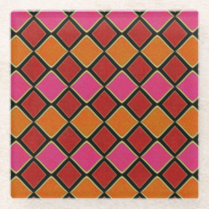 Vibrant Harlequin Diamond Pattern in Red, Orange, Glass Coaster