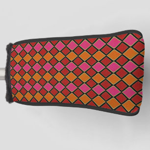 Vibrant Harlequin Diamond Pattern in Red, Orange, Golf Head Cover