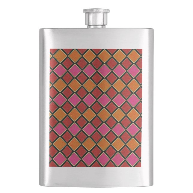 Vibrant Harlequin Diamond Pattern in Red, Orange,  Hip Flask (Front)