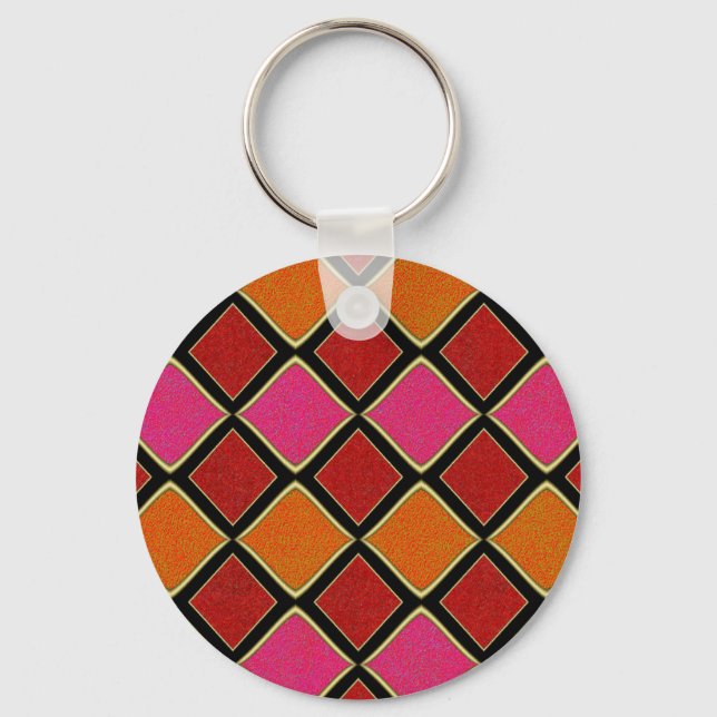 Vibrant Harlequin Diamond Pattern in Red, Orange,  Key Ring (Front)