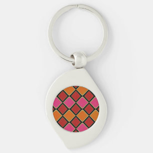 Vibrant Harlequin Diamond Pattern in Red, Orange,  Key Ring