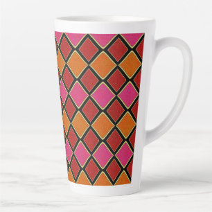 Vibrant Harlequin Diamond Pattern in Red, Orange, Latte Mug