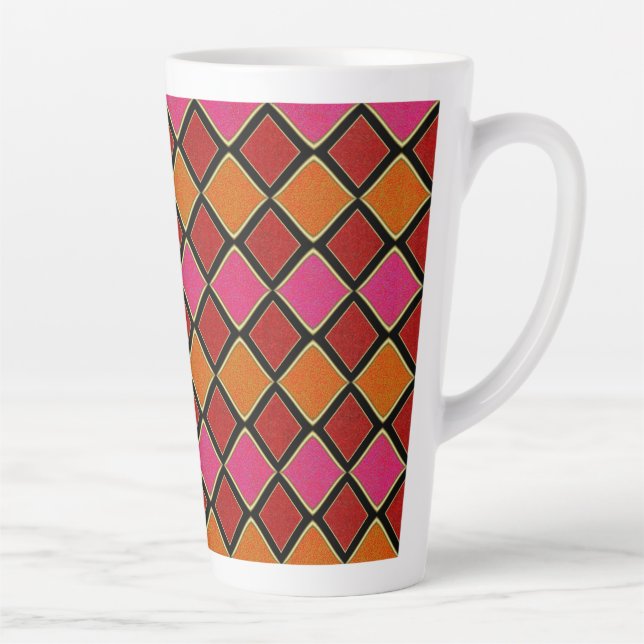 Vibrant Harlequin Diamond Pattern in Red, Orange,  Latte Mug (Right)