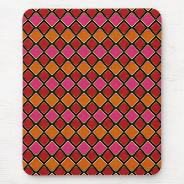 Vibrant Harlequin Diamond Pattern in Red, Orange,  Mouse Mat (Front)