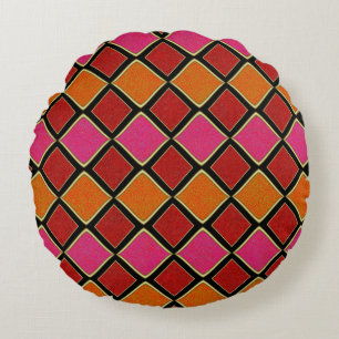 Vibrant Harlequin Diamond Pattern in Red, Orange, Round Cushion