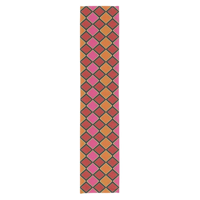 Vibrant Harlequin Diamond Pattern in Red, Orange,  Short Table Runner (Front)