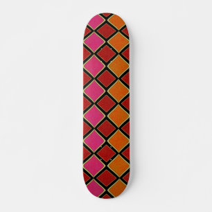 Vibrant Harlequin Diamond Pattern in Red, Orange, Skateboard