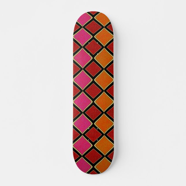 Vibrant Harlequin Diamond Pattern in Red, Orange,  Skateboard (Front)