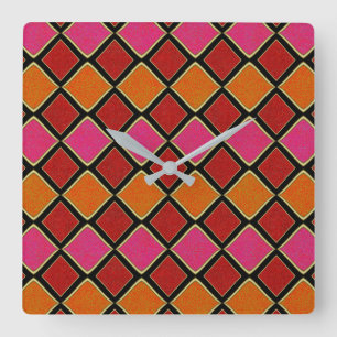 Vibrant Harlequin Diamond Pattern in Red, Orange,  Square Wall Clock