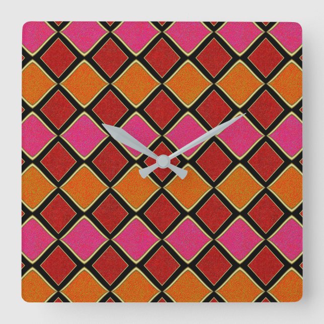Vibrant Harlequin Diamond Pattern in Red, Orange,  Square Wall Clock (Front)