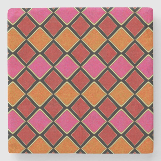 Vibrant Harlequin Diamond Pattern in Red, Orange,  Stone Coaster (Front)