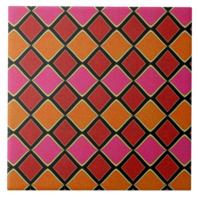 Vibrant Harlequin Diamond Pattern in Red, Orange,  Tile (Front)
