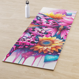 Vibrant Harmony: Butterfly and Sunflower Fusion Yoga Mat