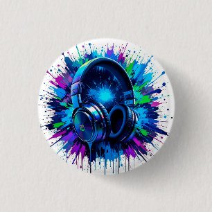 Vibrant Headphones Against Splash of Colourful Pai 3 Cm Round Badge