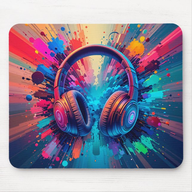 Vibrant Headphones Against Splash of Colourful Pai Mouse Mat (Front)