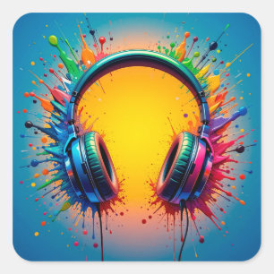 🎧 Vibrant Headphones Colour Splash Pop Art Square Sticker