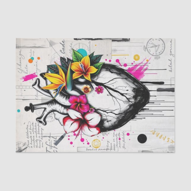 Vibrant Heart & Tropical Blooms Decoupage | Bold Tissue Paper (Front)