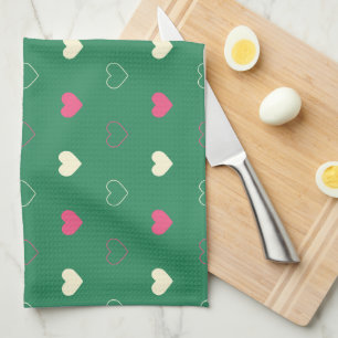 Vibrant Hearts on Green: Pink & Cream Contrast Tea Towel