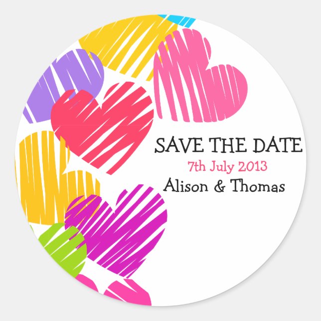 Vibrant hearts 'Save the date' Sticker (Front)