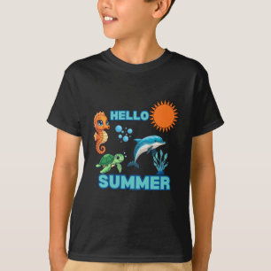 Vibrant Hello Summer Colorful Ocean Animals Kids T-Shirt