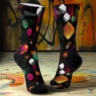 Vibrant Hexagon with Metallic Orange, Green & Pink Socks