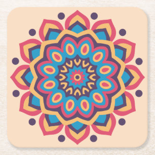 Vibrant Hexcolor Mandala Square Paper Coaster