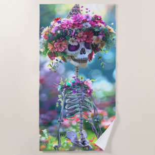 Vibrant Hippie Skeleton Floral Crown Garland  Beach Towel