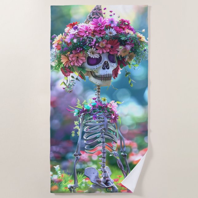 Vibrant Hippie Skeleton Floral Crown Garland  Beach Towel (Front)