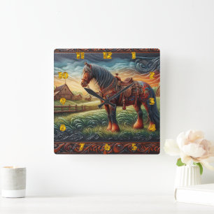 Vibrant Horse in Colourful Farm Scene Square Wall Clock