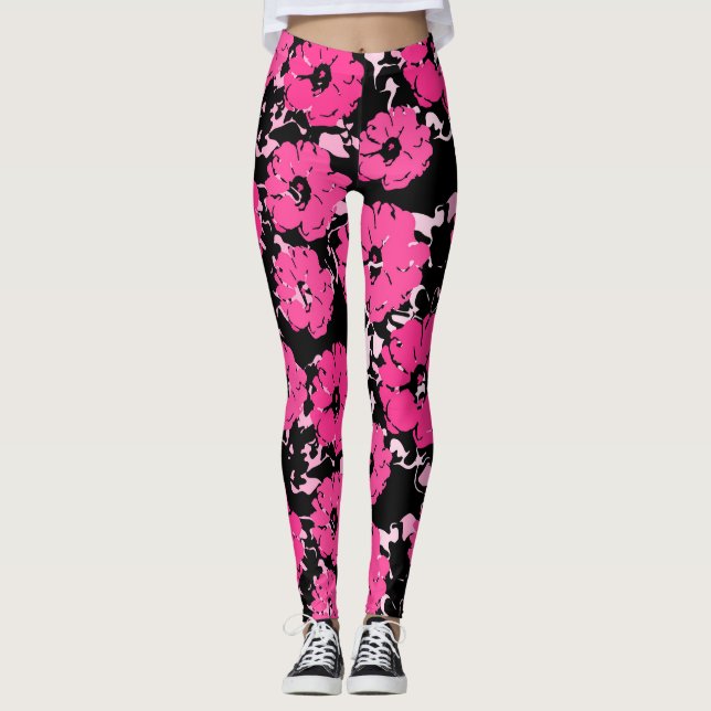 Vibrant Hot Pink Abstract Floral On Black Leggings (Front)