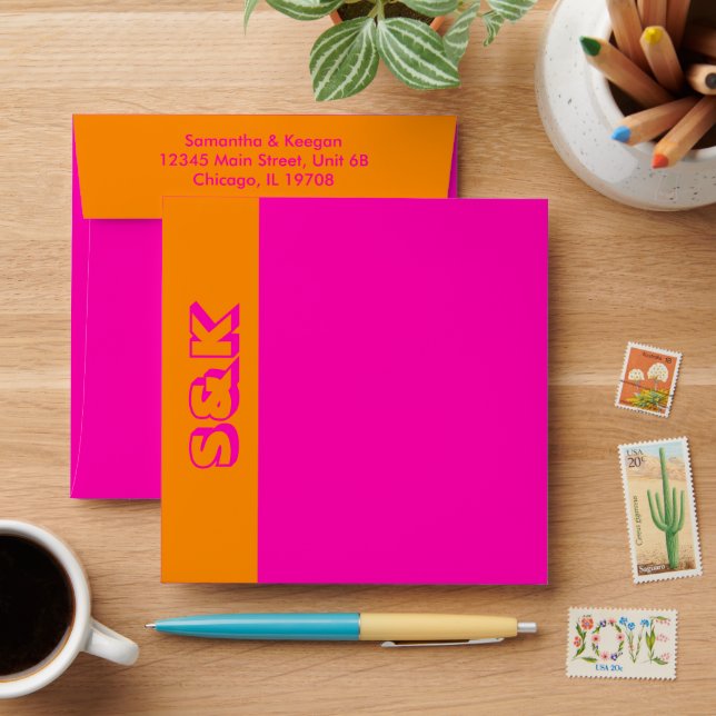 Vibrant Hot Pink and Orange Monogram Personalised Envelope (Desk)
